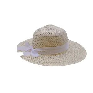 Tan Wide Floppy Brim Beach Garden Paper Straw Hat White Removable Bow Womens OSF thumbnail 2