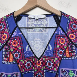 Hunter Bell Women Grayson Linen Patchwork V-Neck Top Medium Blue Mosaic Peplum thumbnail 3