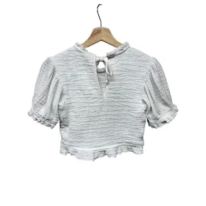 Free People Women Top Sz M White Smocked Puff Sleeve Cottage Coquette Ruffle‎ thumbnail 2