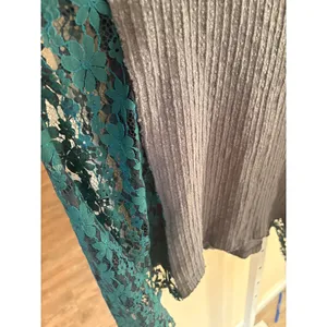 POL Womens Charcoal Grey Thermal Knit Henley Teal Floral Lace Sleeve Boho Top S thumbnail 3