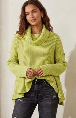 Free People Layer Cake Sweater Key Lime XS Oversized Turtleneck Chunky Knit thumbnail 1