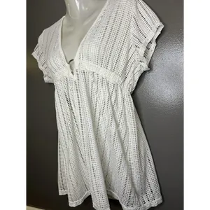 Waves To Coast Cover Up Womens Large White Crochet Mesh V Neck Beach Tunic Swim thumbnail 4