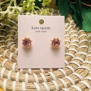 Kate Spade New York Rose Pink Crystal Stud Earrings Gold Tone Prong Set NWT thumbnail 2