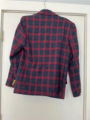 Vintage Red Green Navy Plaid Double-Breasted Blazer gold button wool HOLES thumbnail 6
