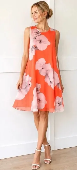 Calvin Klein NWT Orange Floral Print Sleeveless Lined Flowy A-Line Dress Size 4 thumbnail 1
