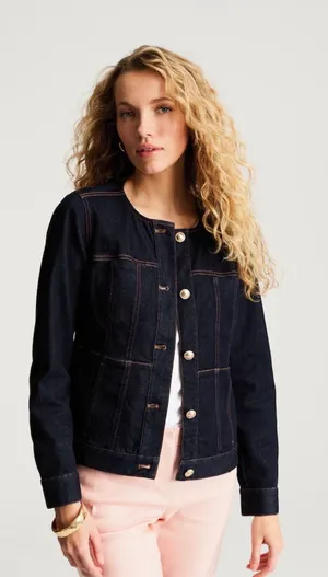 J. Jill Denim Jacket Womens XL Indigo Blue Collarless Gold Button Stretch XL thumbnail 1