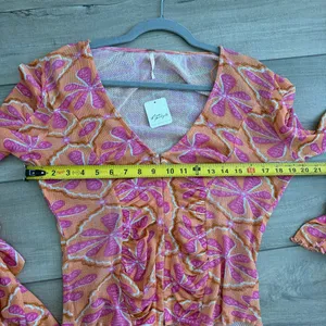 Free People Through the Meadow V Neck Floral Long Sleeve Top Pink Orange M NWT thumbnail 8