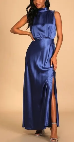 NWT Lulus Classic Elegance Satin Sleeveless Mock-Neck Slit Maxi Dress Large Blue thumbnail 1