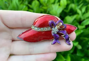 Red Hat Purple Ribbon Rhinestone Brooch Pendant Lapel Pin Red Hat Society thumbnail 2
