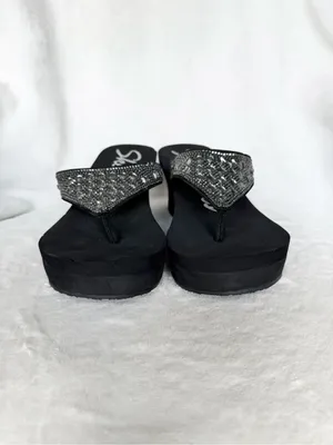 Skechers Black Wedge Flip Flops with Silver Rhinestone Straps Size 6 thumbnail 3