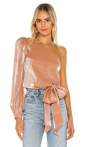 REVOLVE x Lovers + Friends Kendall Rose Metallic One Shoulder Tie Blouse Top S thumbnail 1