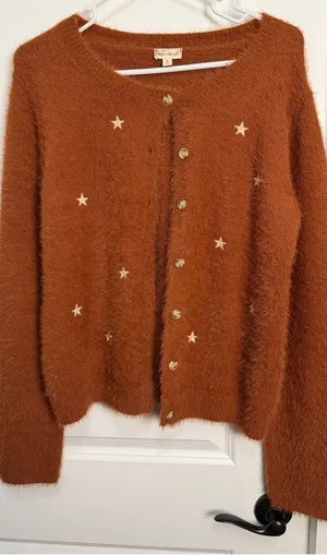 Hem & Thread Rust Orange Fuzzy Eyelash Knit‎ Star Embroidered Cardigan Sweater M thumbnail 1