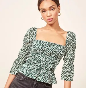Reformation Ayla Smocked Floral Top Women's Green Size Medium thumbnail 1