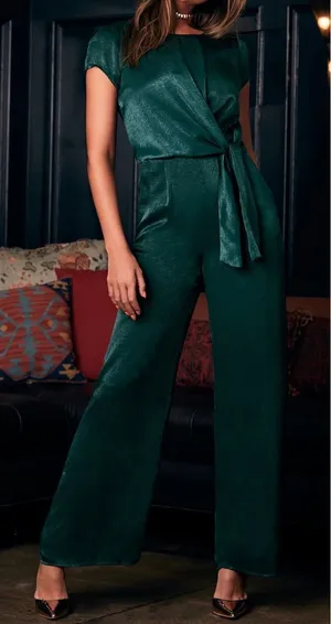 NWT Lulus Size Medium Let Me Entertain You Dark Green Satin‎ Wide-Leg Jumpsuit thumbnail 1