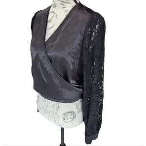 Pleione -511‎ NWT Black Faux Wrap Dressy Top Lace Sleeves Small thumbnail 2