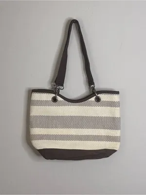 Thirty-One Canvas Crew Mini Taupe Straw Stripe Tote Bag Purse Beige Brown Bag thumbnail 2