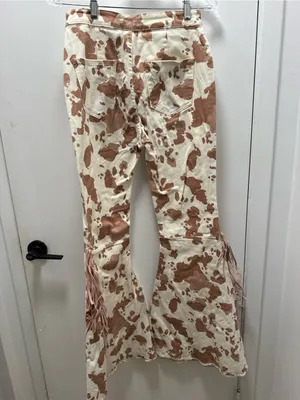 Cream & Brown Cowprint Fringe Flare Jeans Medium 28 in western boho festival thumbnail 5