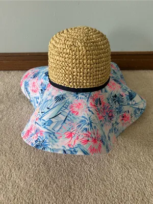 Lilly Pulitzer Sea‎ To Shining Sea Floppy Straw Sun Beach Hat Blue Pink Sailboat thumbnail 3