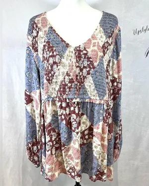 Maurice’s plus long sleeve boho patchwork smocked peplum top size 1X thumbnail 3