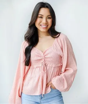 Forever Sunny Smocked Gingham Blouse Petal Pink Balloon Sleeves Peasant Milkmaid thumbnail 1
