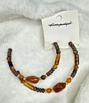 NEW Free People Beaded Hoop Earrings Set Brown Gold Tone Bohemian Beads Chic thumbnail 1