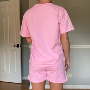 OOQONQ Women’s Pink Pajama Shorts Set Crew Neck Short Sleeve Cotton M thumbnail 3