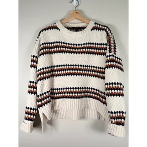Forever 21 Womens Chenille Popcorn‎ Knit Striped Sweater Cream Brown Navy Small thumbnail 3