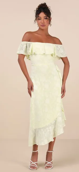 NWT Lulus Pretty Perfect Yellow Burnout Floral Off-the-Shoulder Midi Dress Sz XS thumbnail 1