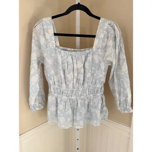 Free Assembly Floral Peplum Top Square Neck Smocked Waist Blue White Small thumbnail 2