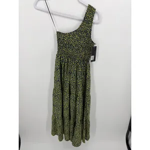 HYFVE Dress‎ Women S Navy Yellow Floral One Shoulder Smocked Tiered Midi thumbnail 3