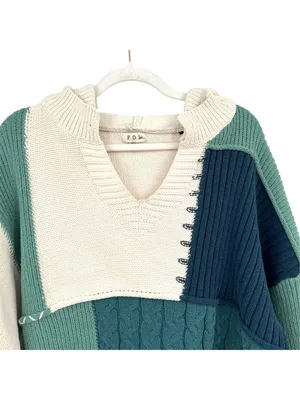 POL Colorblock Knit Hoodie Sweater Patchwork Beige Green Navy Size Small thumbnail 2