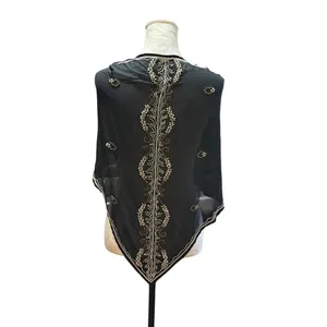 Black Embroidered Sheer Scarf Evening Wrap Shawl Gold & White Beaded Detailing thumbnail 2