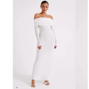 MESHKI Ivory White Josie Off Shoulder Mesh Fold Over Neckline Maxi Dress sz L thumbnail 4