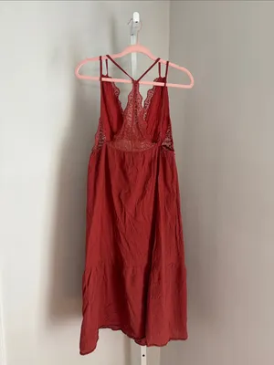Lush Rust Red Lace-Trim Sleeveless Midi Boho Sun Dress Western Cottage Size S thumbnail 4