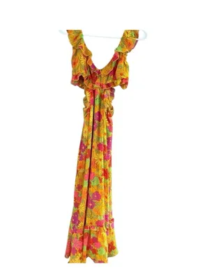 Show Me Your MuMu Pink, Yellow & Green Floral Ruffle Midi Dress thumbnail 9