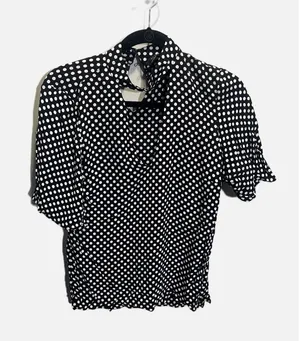 Zara Polka Dot Blouse Womens XS Black White Mock Neck Ruffle Short Sleeve Retro‎ thumbnail 1