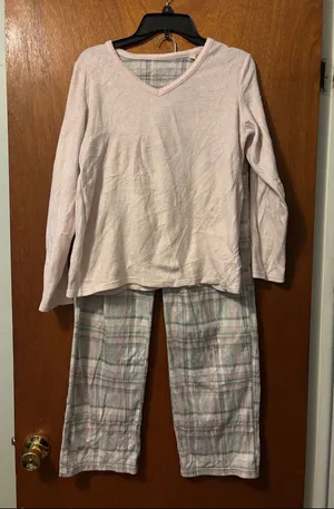 Croft & Barrow Pink Long-Sleeve Top with Pink & Gray Plaid Pajama Pants thumbnail 1