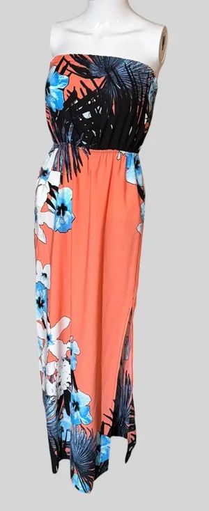 Tyche Coral Strapless Floral Maxi Dress with Blue Accents thumbnail 1