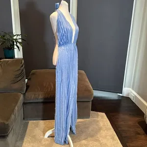 Women’s Blue V-Neck Backless Jumpsuit Romper RuffleWave WideLeg Pants Size M NEW thumbnail 4