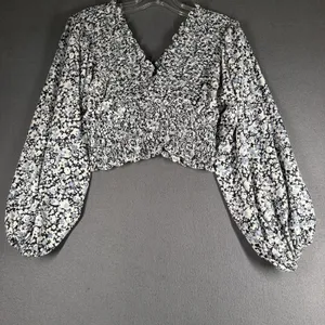 Abercrombie & Fitch Blouse Womens Small Blue Floral Smocked Long Sleeve Crop Top thumbnail 10