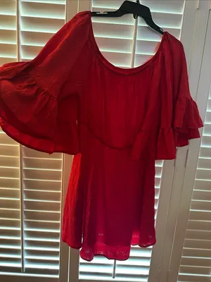 SHEIN Red Off-Shoulder Boho Textured Ruffled Dress XL thumbnail 2