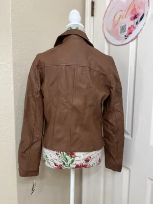 CoffeeShop Brown Faux Leather Moto Biker Jacket Size L thumbnail 3