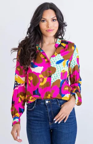 Karlie Pink and Blue Floral Blouse thumbnail 1