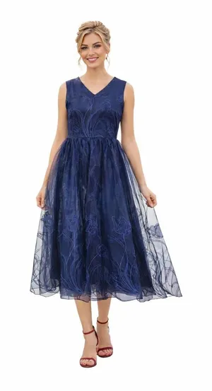 STYLEWE HZY Navy Blue Organza with Emroidered Floral Detail Dress thumbnail 1