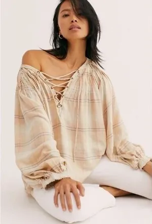We The Free Plaid Lace Up Blouse Long Sleeve Gauzy Cotton Boho Flowy Blend Large thumbnail 1