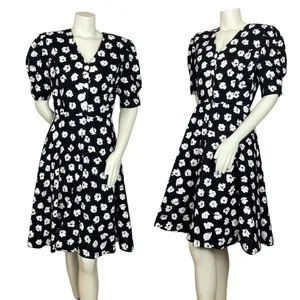 Vintage‎ Dress Floral Party Puffed Sleeves 1980s Flared Skirt Princess Seams thumbnail 2