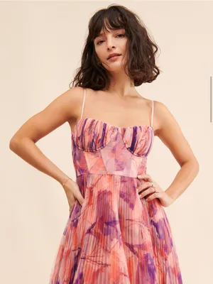 Hutch Floral Pleated Tulle Sweetheart Maxi Dress in Pink and Purple thumbnail 4