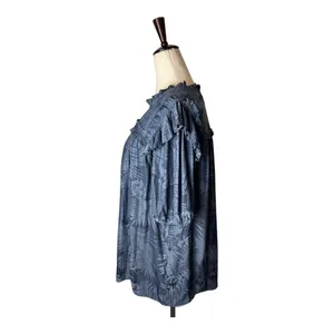 Pookie & Sebastian Shirt Women Large Blue Floral Ruffle Trim Blouse‎ Tropical thumbnail 8