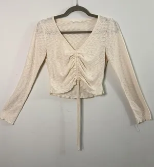 Lush Women’s Small Cream Ribbed Ruched Front Long Sleeve Crop Top Boho Coquette thumbnail 1