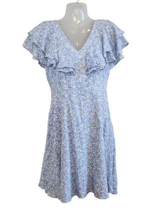 Altar'd State Floral Double V-Neck Flutter Sleeve Mini Dress Blue Size Medium thumbnail 1